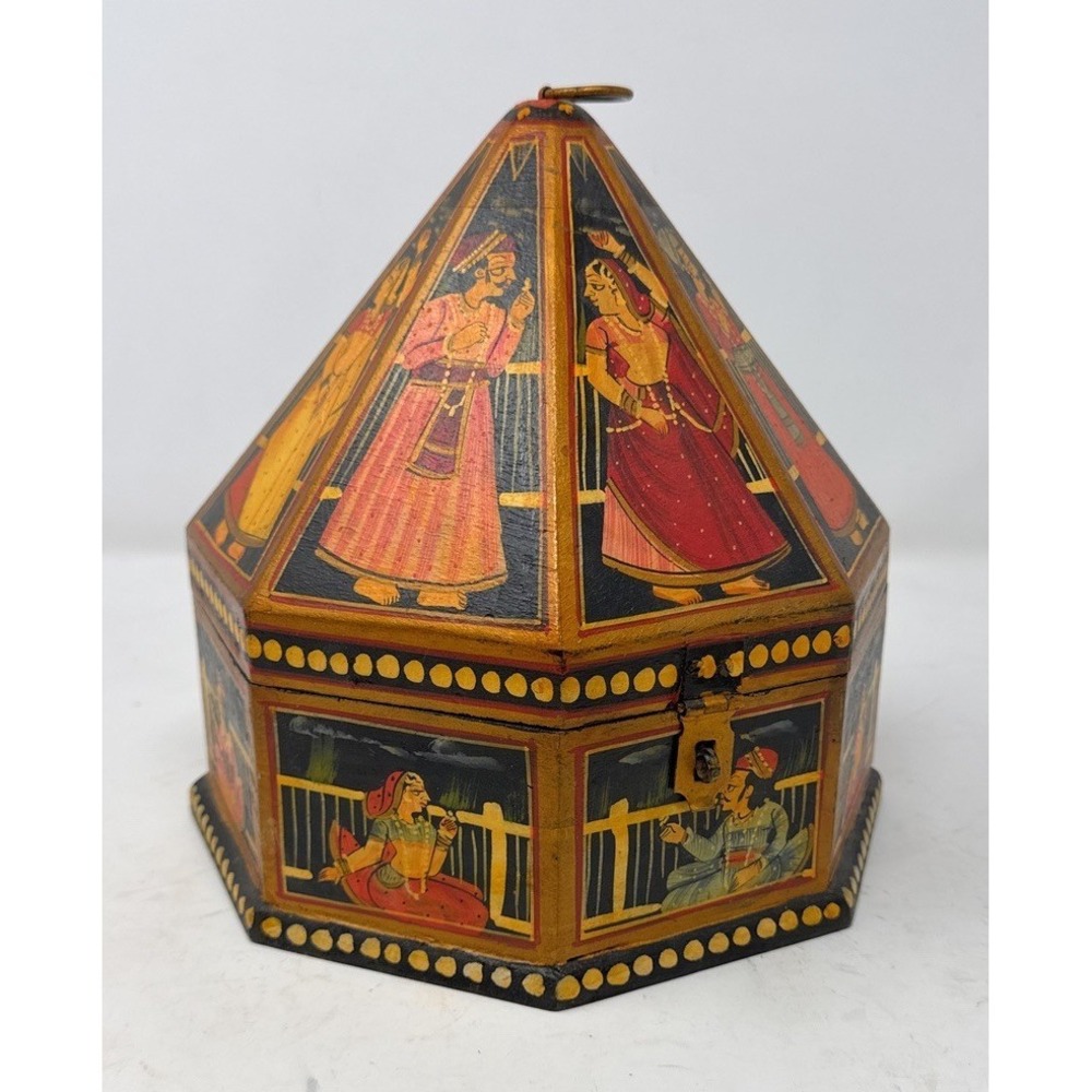 Antique Indian Mughal Hand Painted Octagon Marriage Trinket Jewelry Box